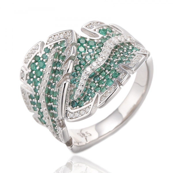 Bague en argent rhodié 925 avec zircon cubique rond vert et blanc nano. 