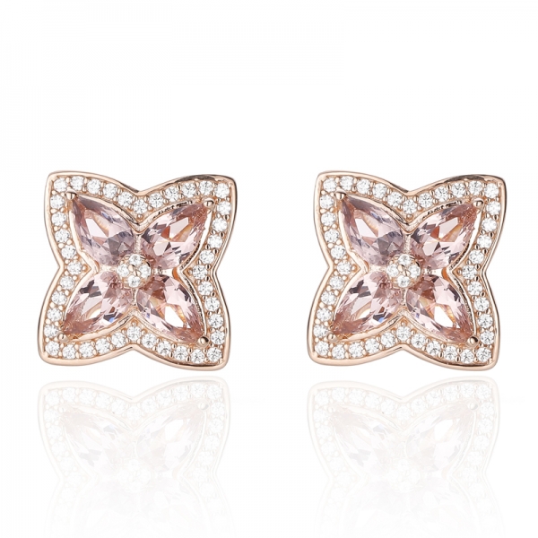 Boucles d'oreilles en argent 925 plaqué or rose, ornées de morganite en forme de poire, de nano-zirconium blanc et de zircon cubique rond. 